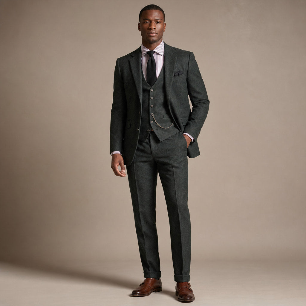 Three Piece Tweed Suit Herringbone Texture Green – Product Photo