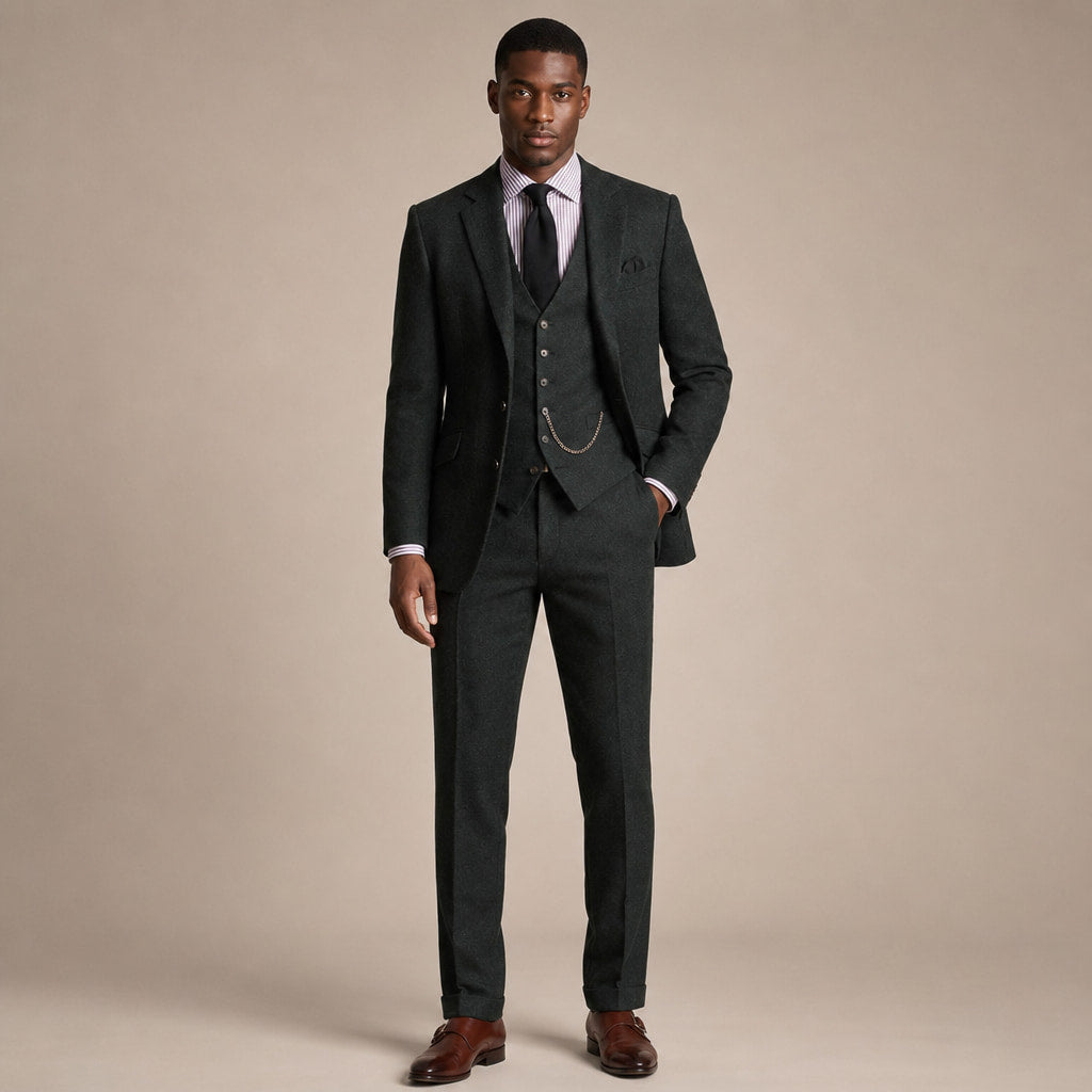 Three Piece Tweed Suit Herringbone Texture in Green – Tarlano Premium Menswear