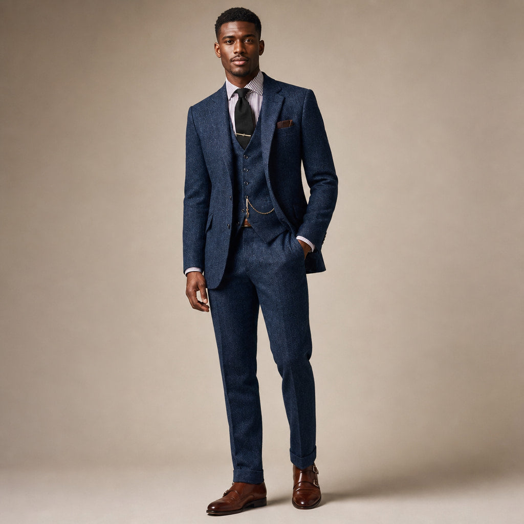Three Piece Tweed Suit Herringbone Texture Navy Blue – Product Photo