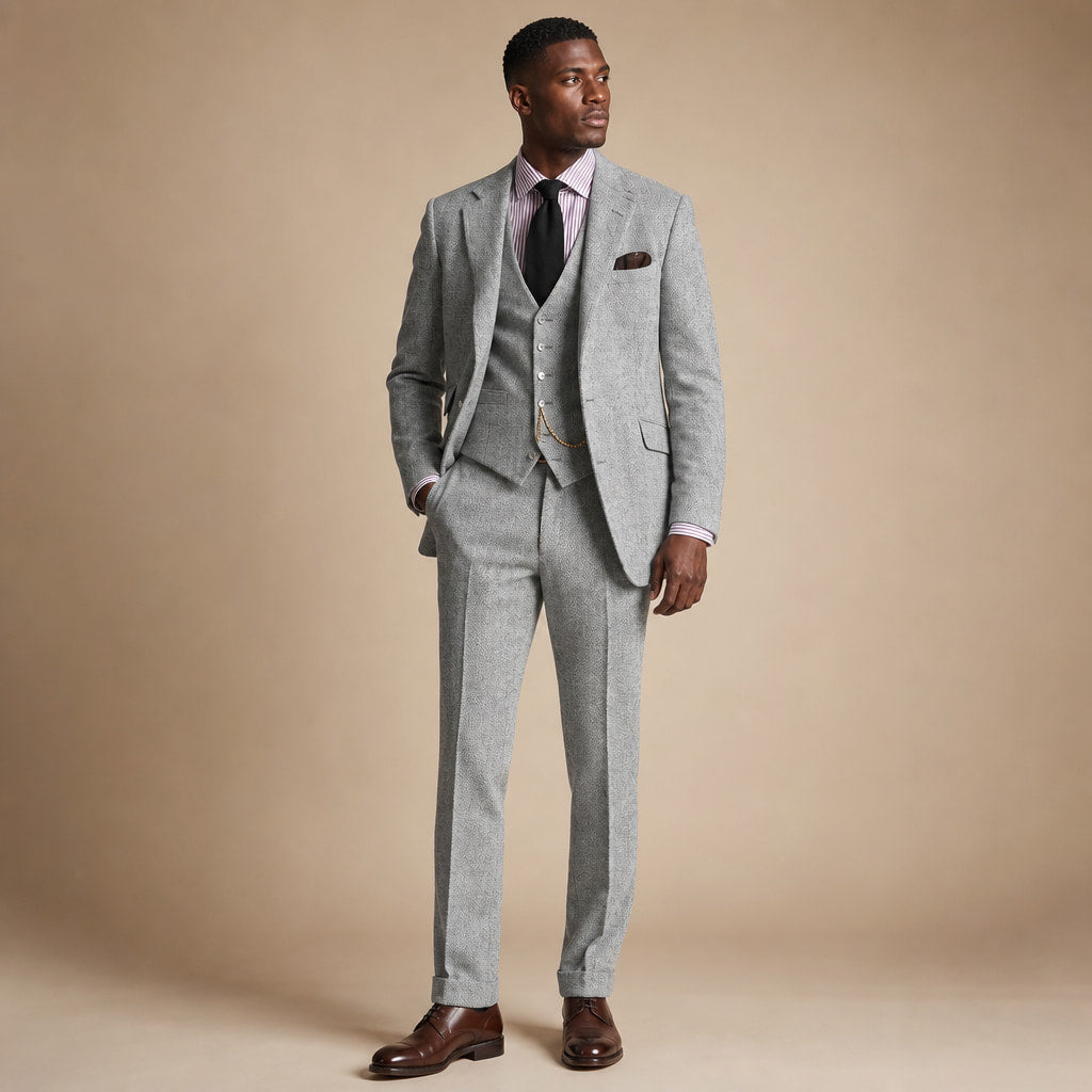 Three Piece Tweed Suit Herringbone Texture Silver – Product Photo