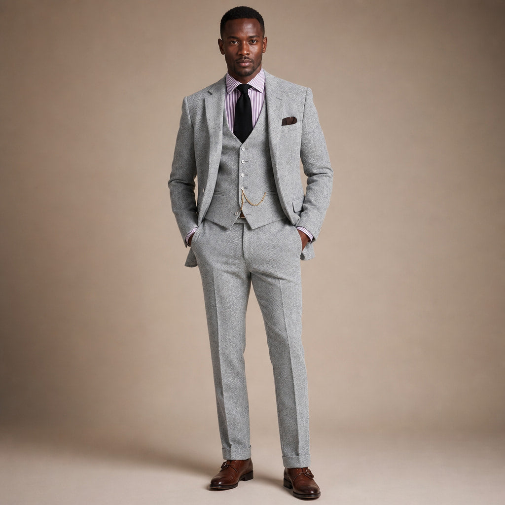 Three Piece Tweed Suit Herringbone Texture in Silver – Tarlano Premium Menswear