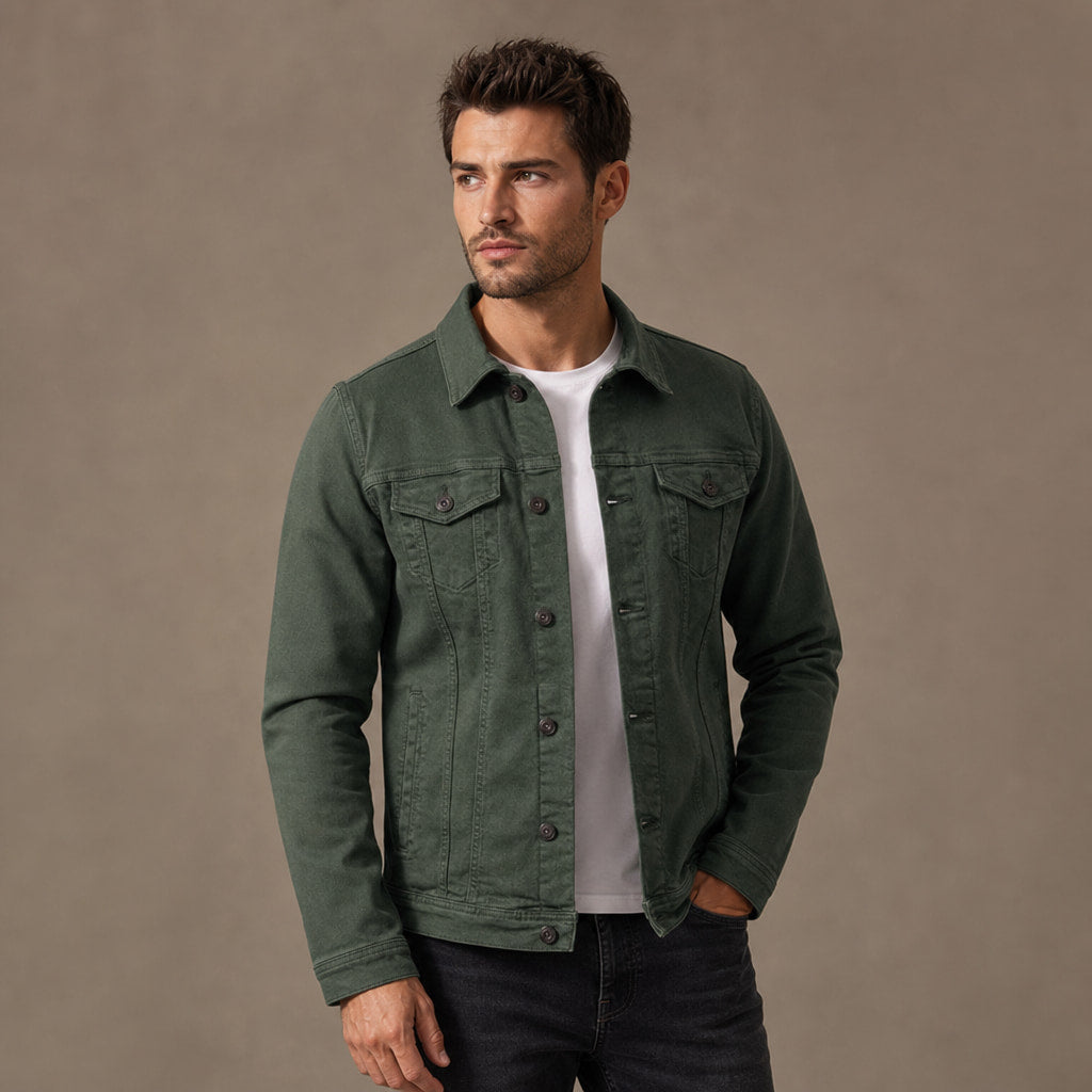 Dark Denim Jacket Casual Fit Green – Side Angle View