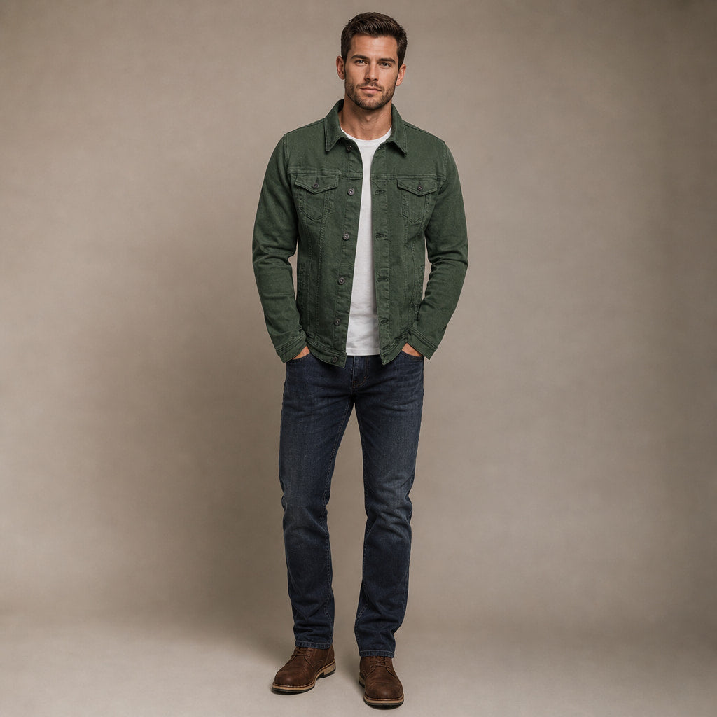 Dark Denim Jacket Casual Fit Green – Full Look