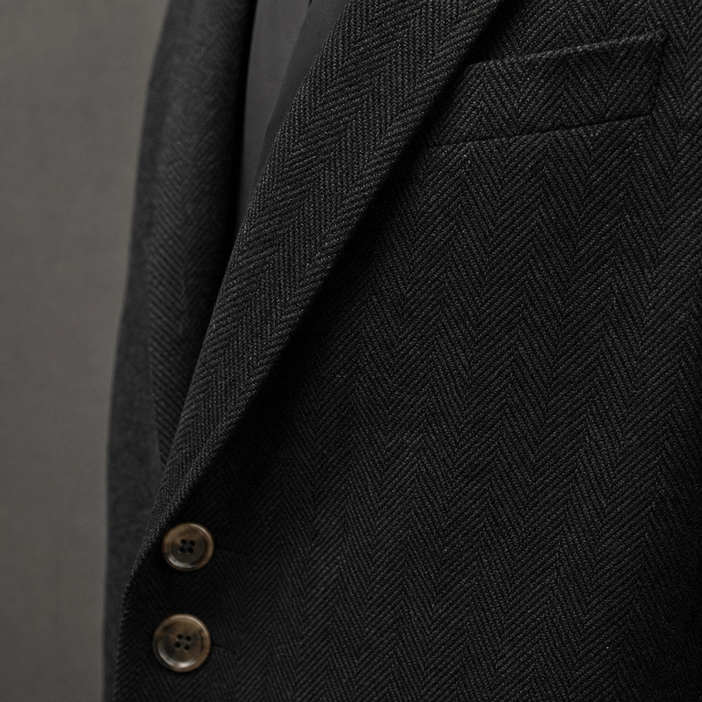 Herringbone Blazer Tailored Fit Black – Fabric and Detail Close-Up