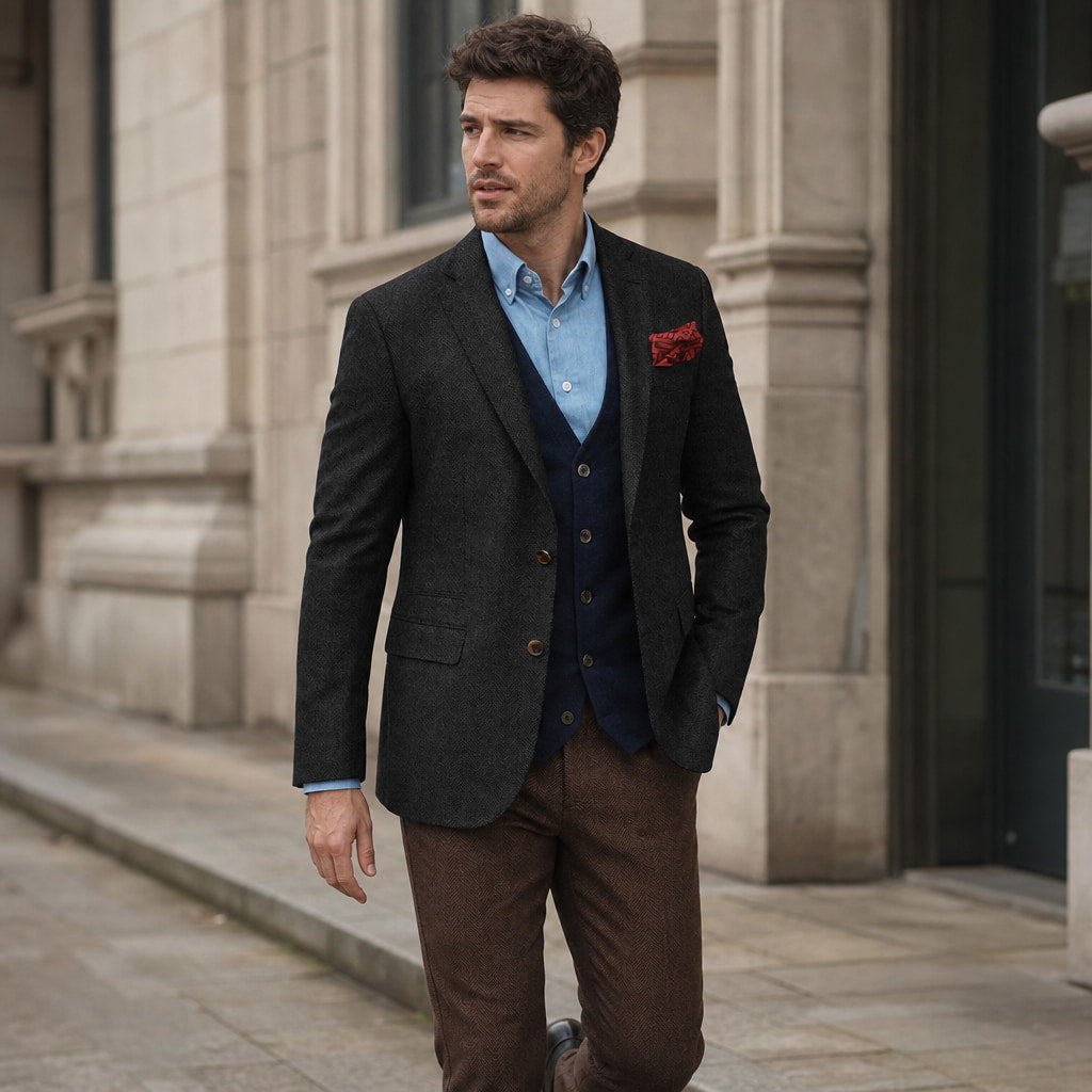 Herringbone Blazer Tailored Fit Black – Styled Editorial Shot
