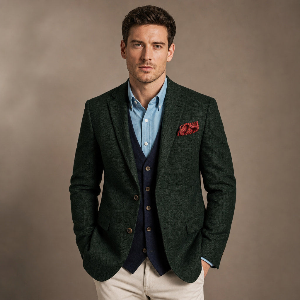 Herringbone Blazer Tailored Fit Dark Green – Product Photo