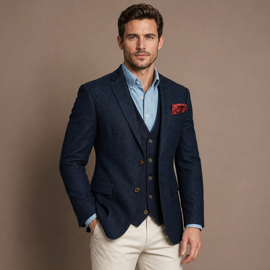Herringbone Blazer Tailored Fit Navy – Product Photo
