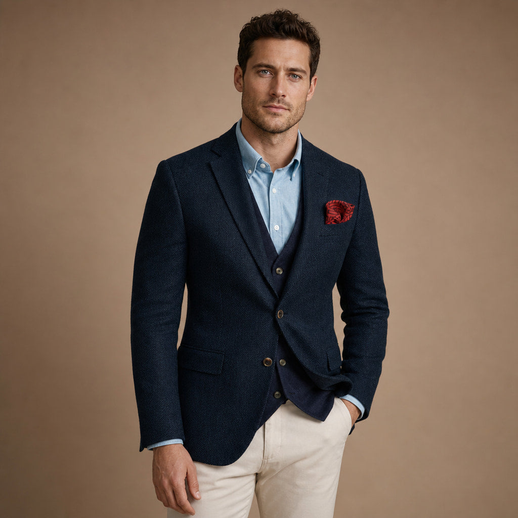 Herringbone Blazer Tailored Fit in Navy – Tarlano Premium Menswear