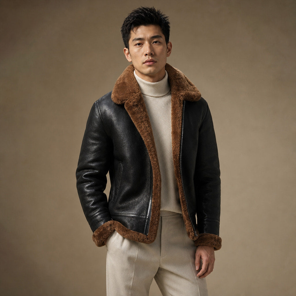 Leather Jacket Insulated Winter Brown – Side Angle View