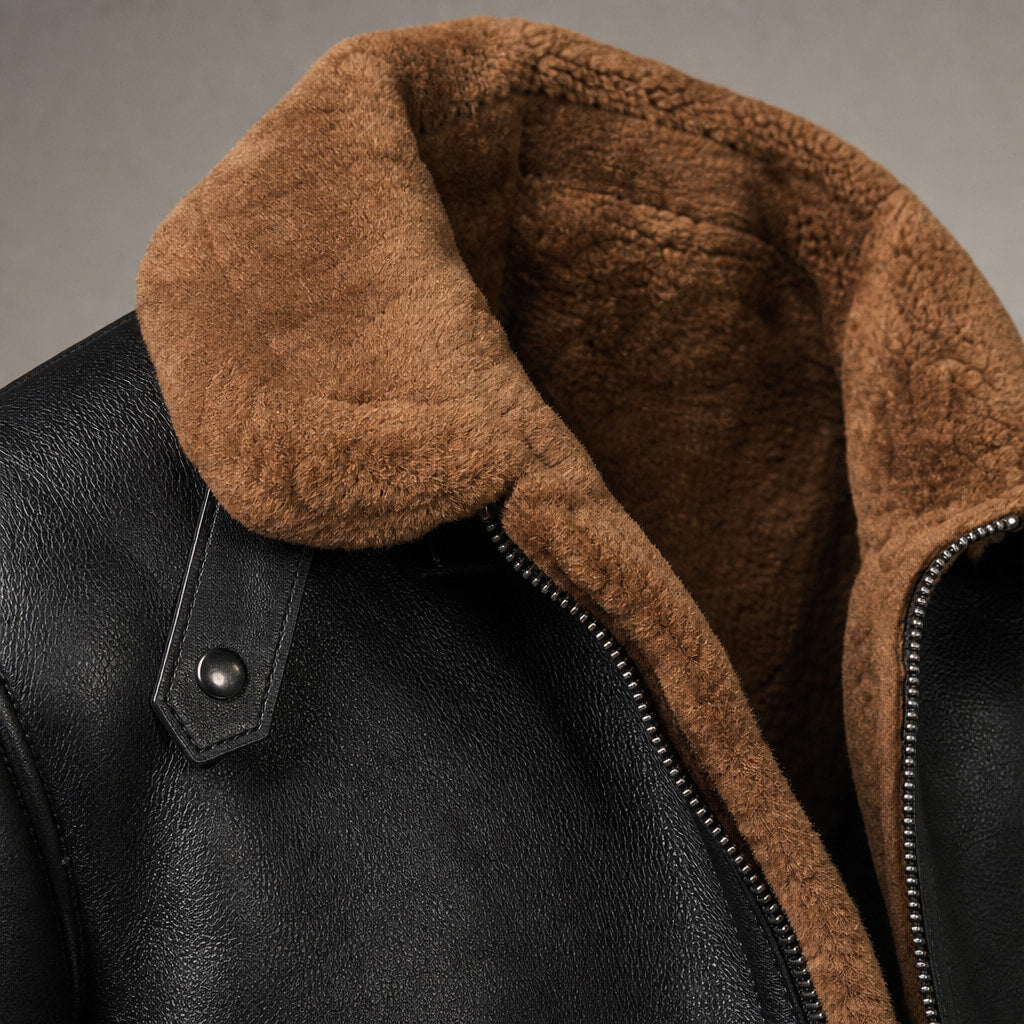 Leather Jacket Insulated Winter Brown – Fabric and Detail Close-Up