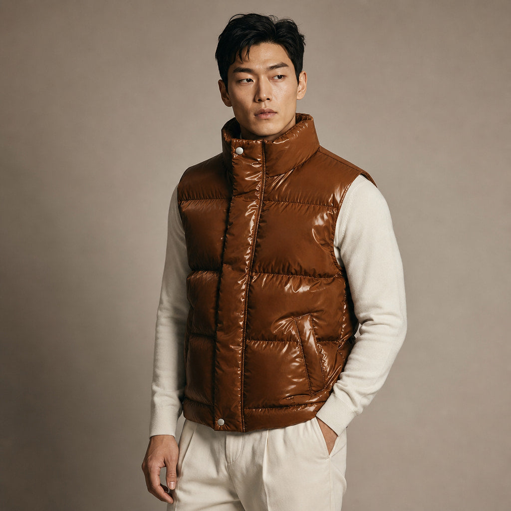 Quilted Puffer Vest High Collar Brown – Side Angle View