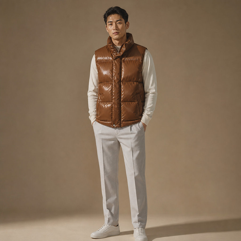 Quilted Puffer Vest High Collar Brown – Full Look