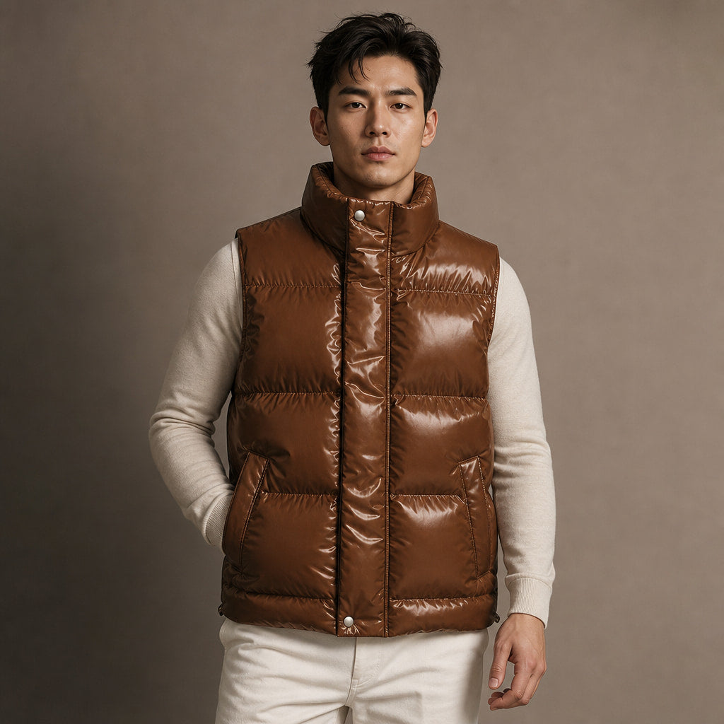 Quilted Puffer Vest High Collar Brown – Product Photo