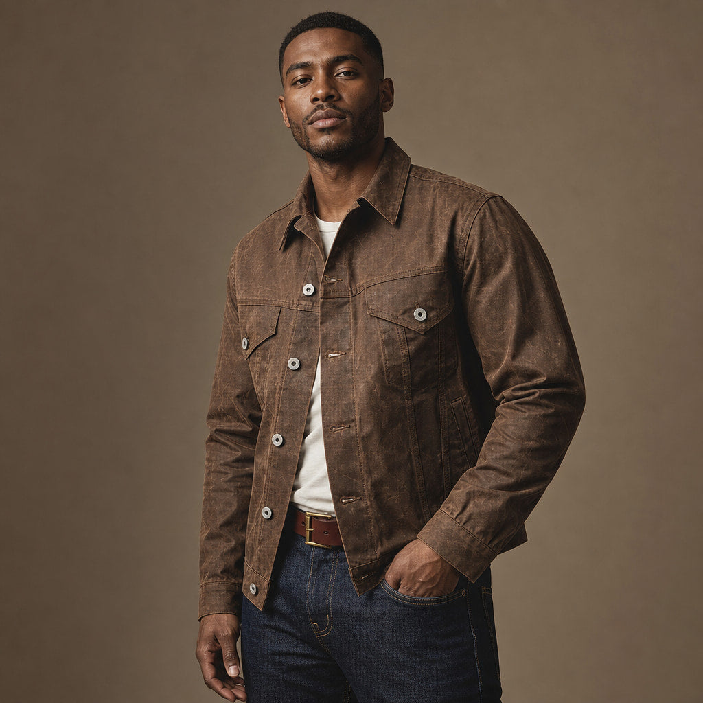 Tin Cloth Cruiser Jacket Waxed Cotton Lined Brown Brown – Side Angle View