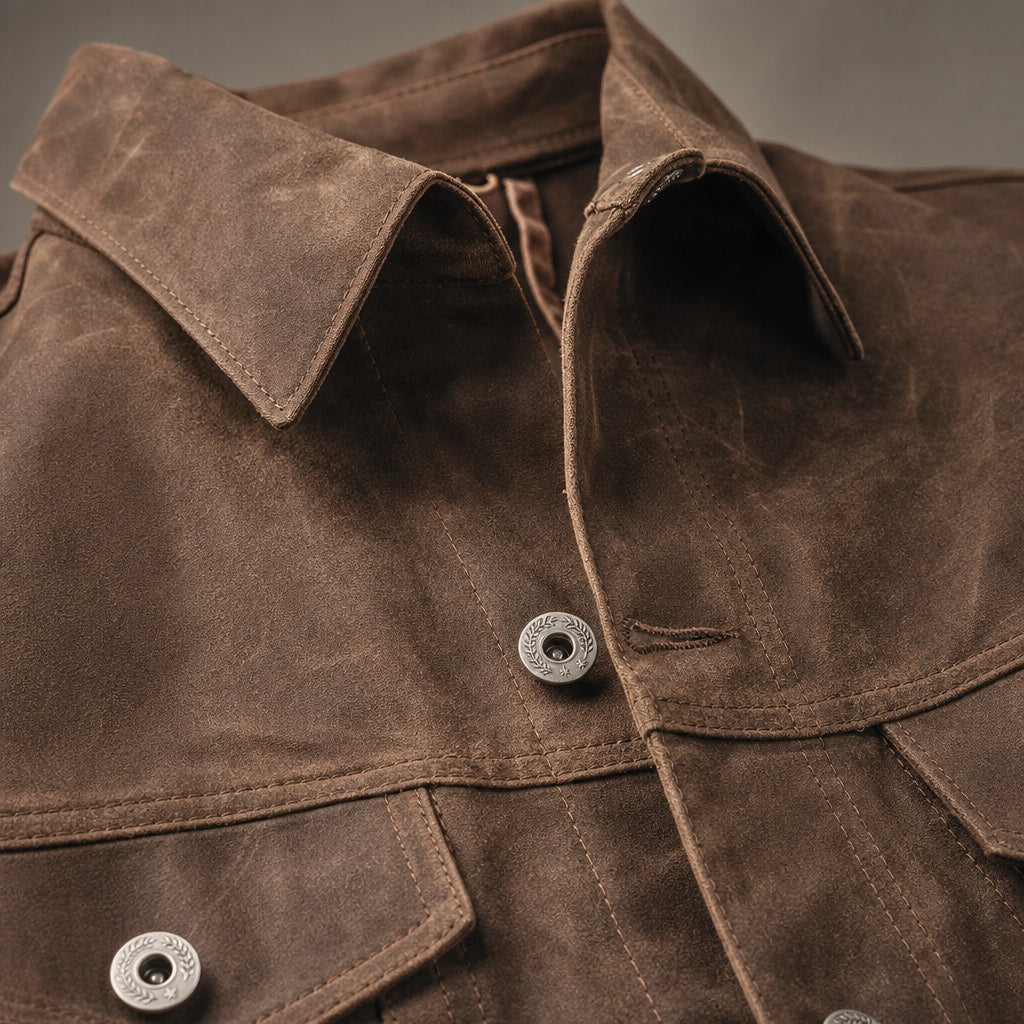 Tin Cloth Cruiser Jacket Waxed Cotton Lined Brown Brown – Fabric and Detail Close-Up