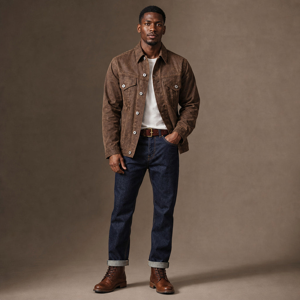 Tin Cloth Cruiser Jacket Waxed Cotton Lined Brown Brown – Full Look