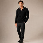 Quarter Zip Sweater Wool Knit V-Neck Black – Side Angle View