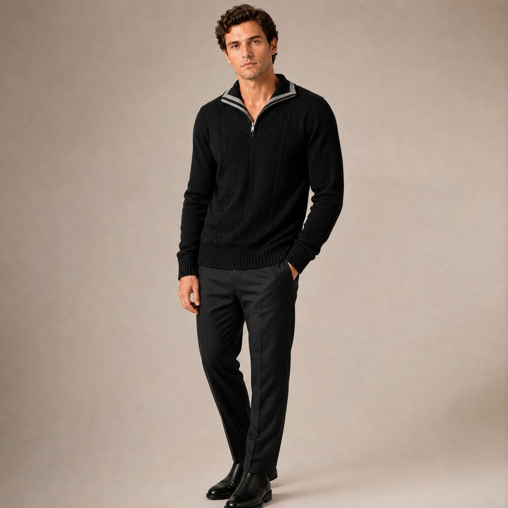 Quarter Zip Sweater Wool Knit V-Neck Black – Side Angle View