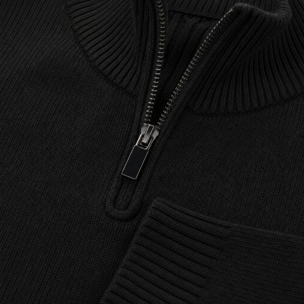 Quarter Zip Sweater Wool Knit V-Neck Black – Fabric and Detail Close-Up