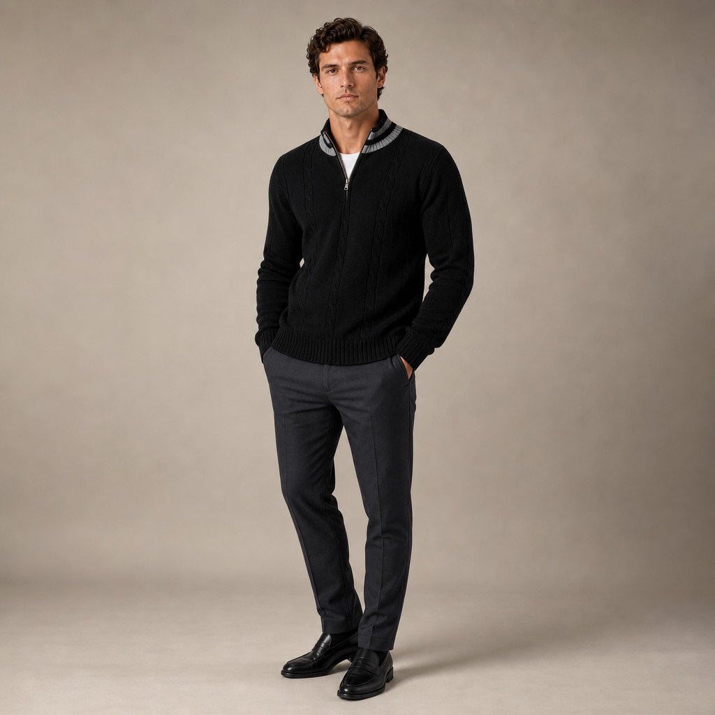 Quarter Zip Sweater Wool Knit V-Neck Black – Full Look
