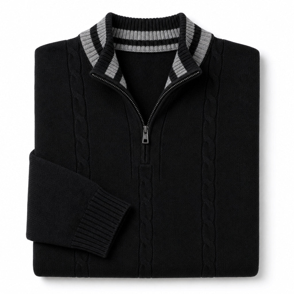 Quarter Zip Sweater Wool Knit V-Neck Black – Product Photo