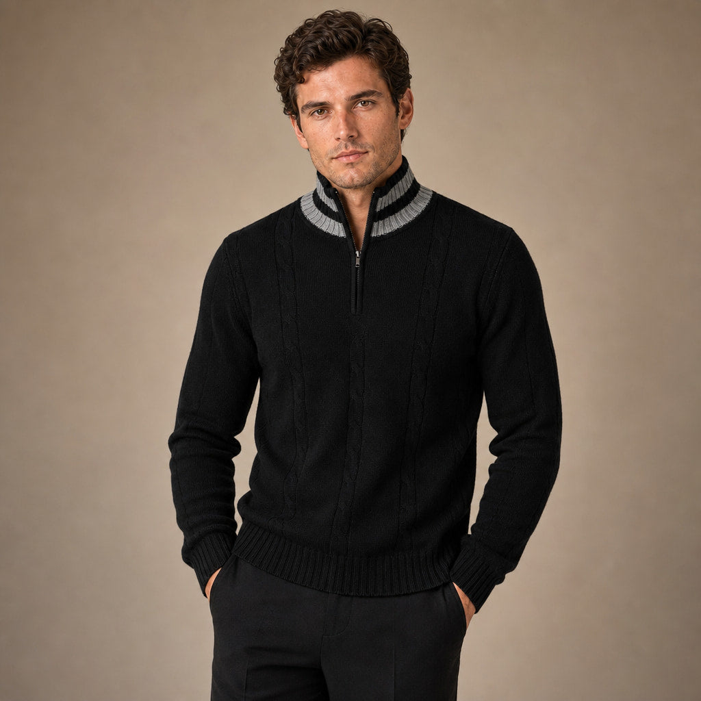 Quarter Zip Sweater Wool Knit V-Neck in Black – Tarlano Premium Menswear
