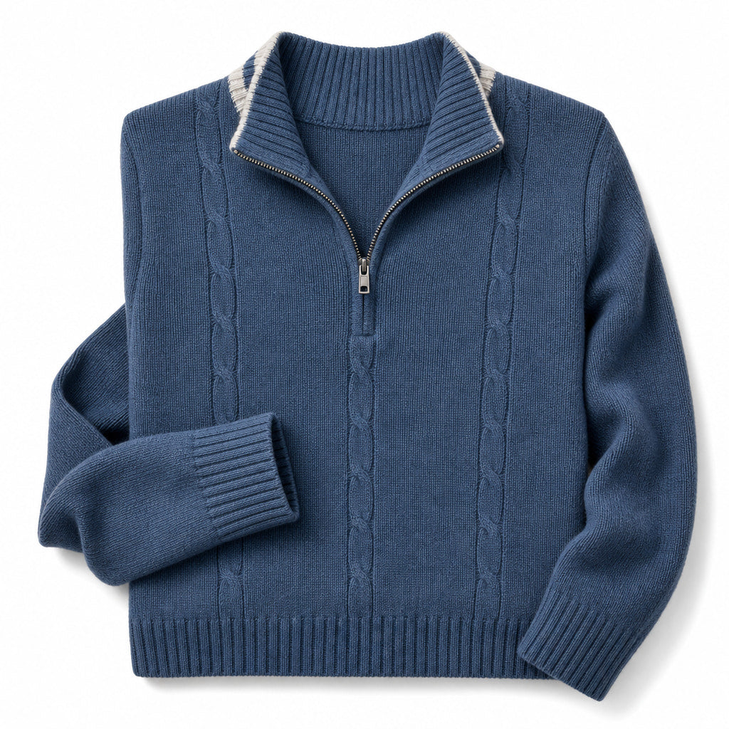 Quarter Zip Sweater Wool Knit V-Neck Blue – Product Photo