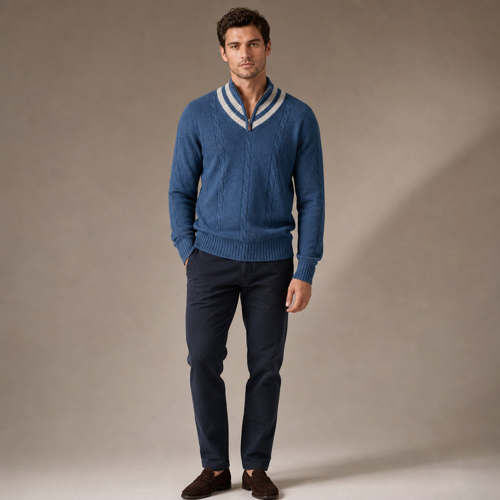 Quarter Zip Sweater Wool Knit V-Neck in Blue – Tarlano Premium Menswear