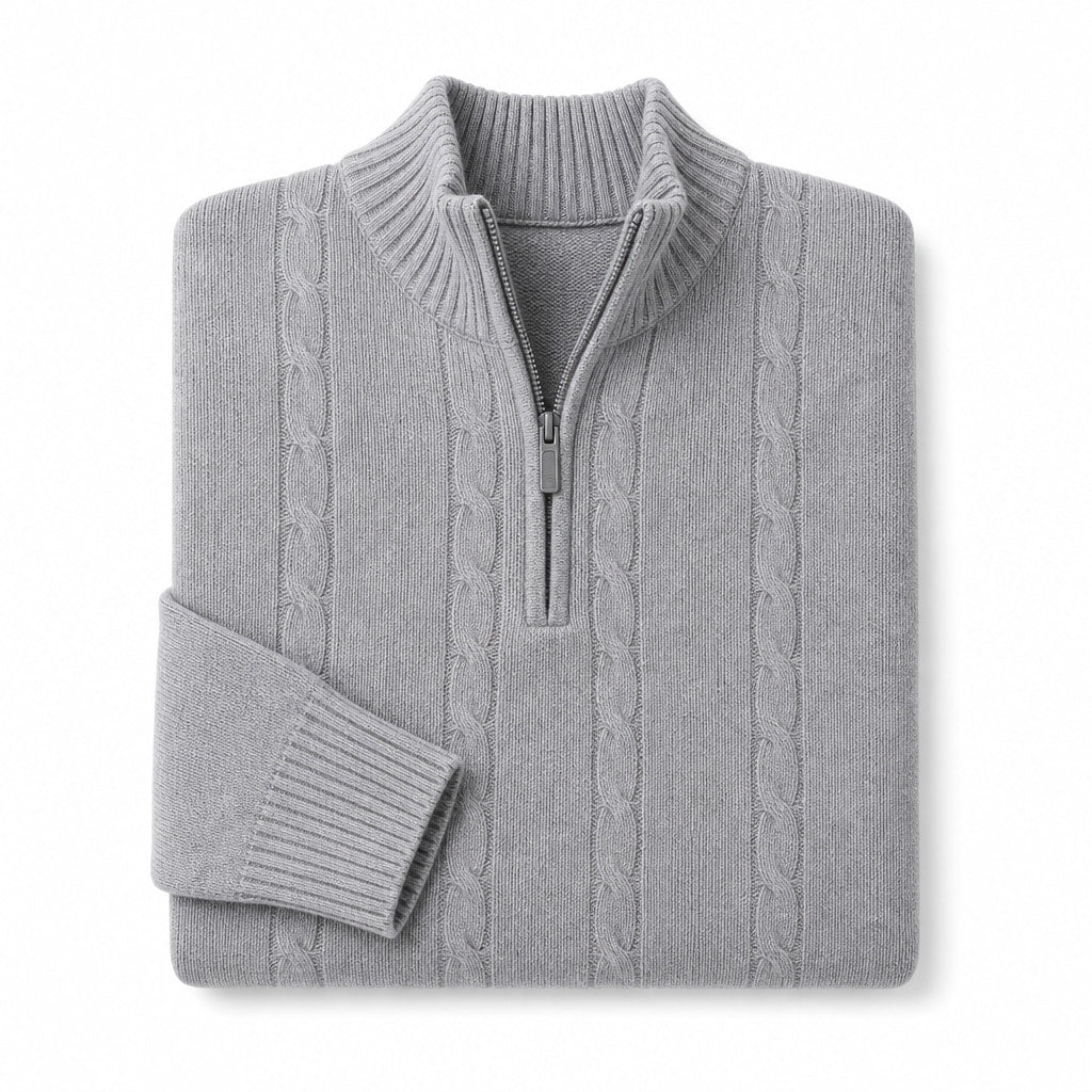 Quarter Zip Sweater Wool Knit V-Neck Gray – Product Photo