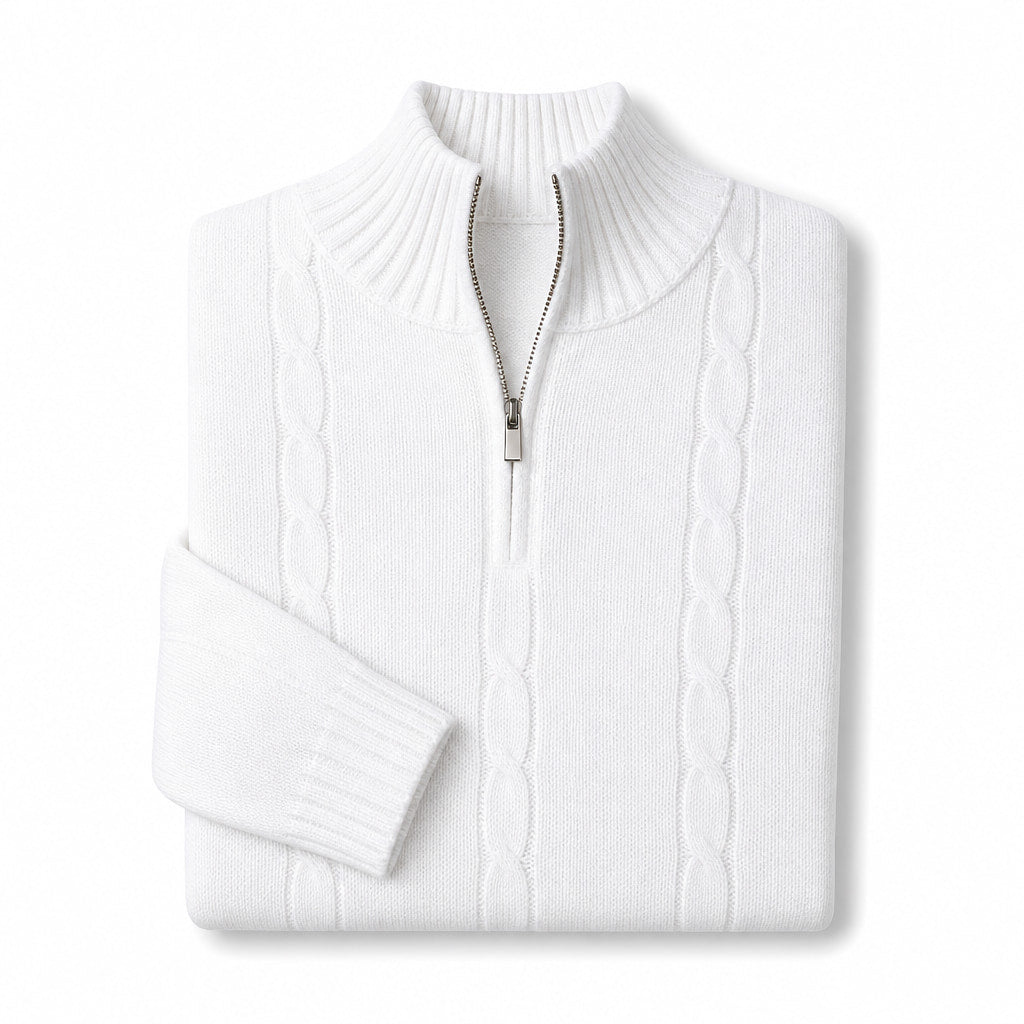 Quarter Zip Sweater Wool Knit V-Neck White – Product Photo