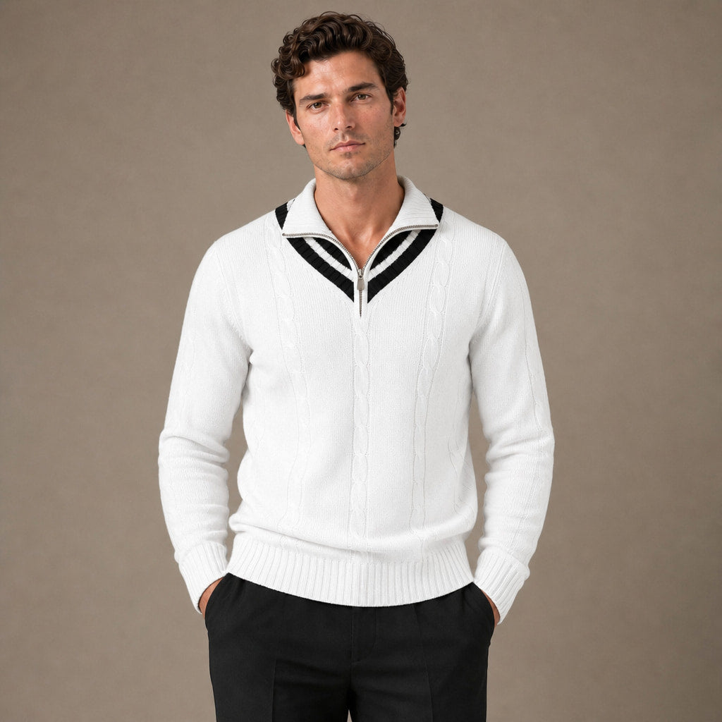 Quarter Zip Sweater Wool Knit V-Neck in White – Tarlano Premium Menswear
