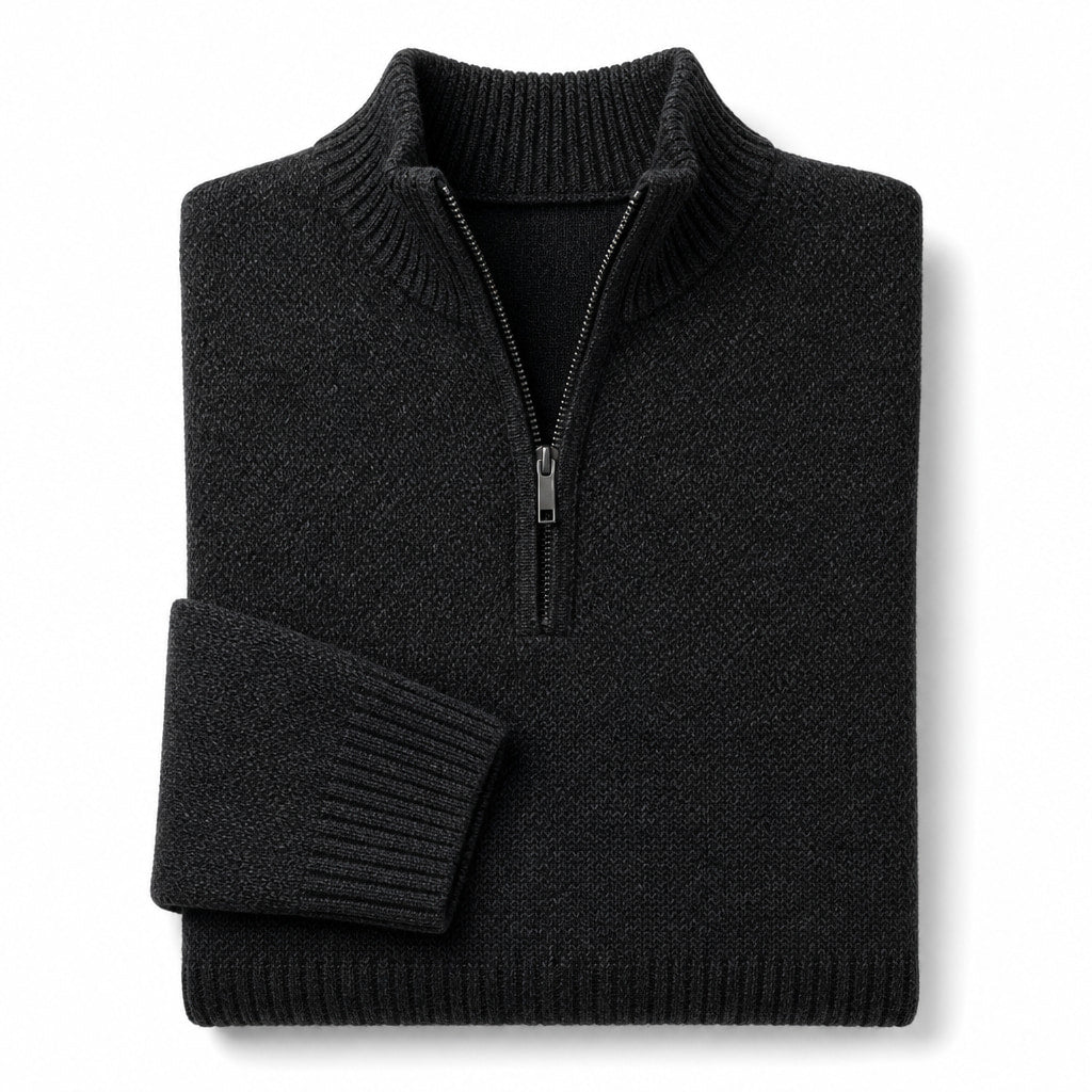 Quarter Zip Sweater Merino Knit Slim Fit Black – Product Photo