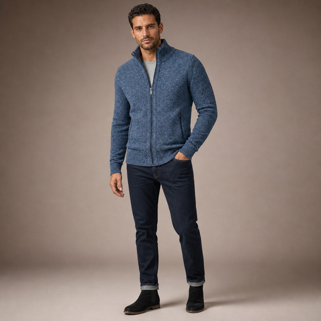 Quarter Zip Sweater Merino Knit Slim Fit Blue – Side Angle View