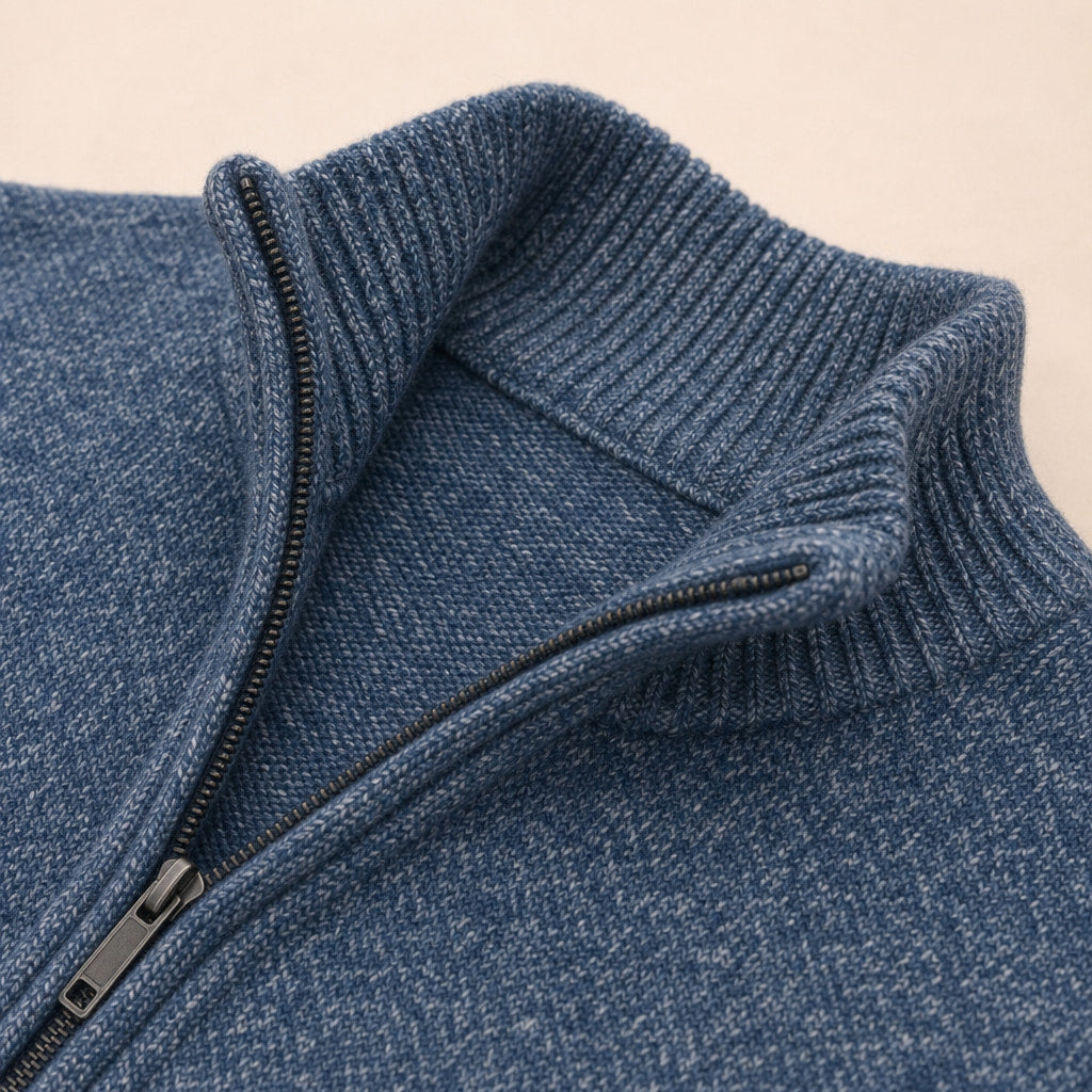 Quarter Zip Sweater Merino Knit Slim Fit Blue – Fabric and Detail Close-Up