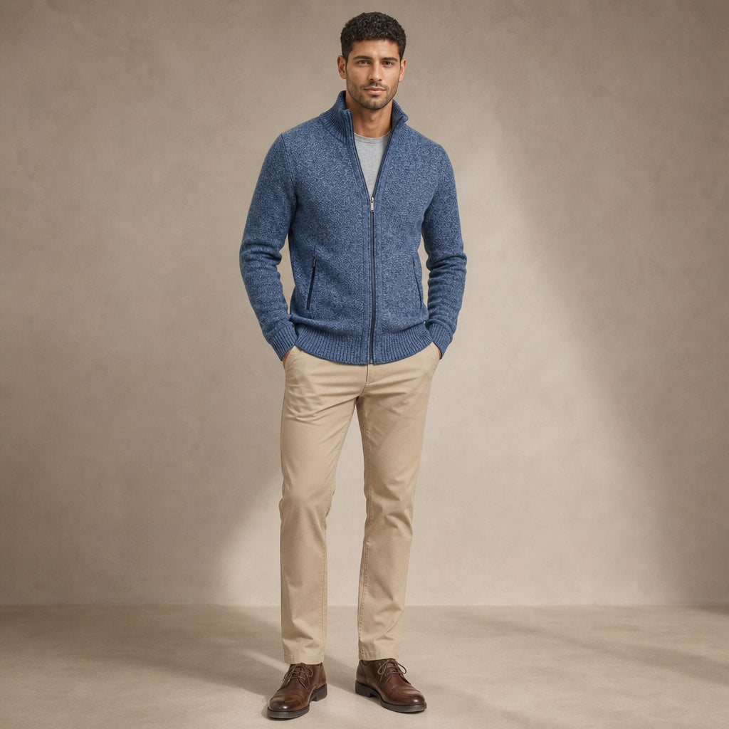 Quarter Zip Sweater Merino Knit Slim Fit Blue – Full Look