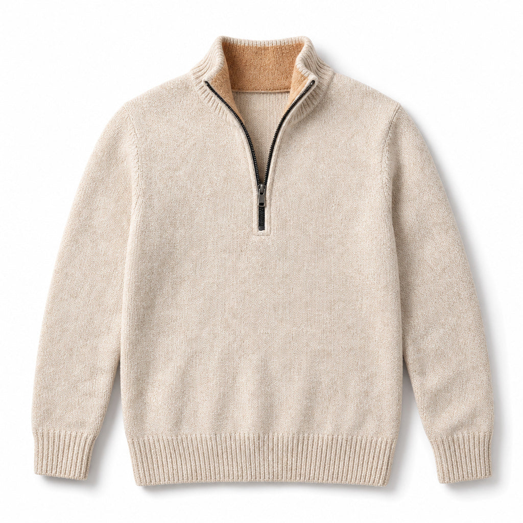 Quarter Zip Sweater Merino Knit Slim Fit Cream – Product Photo