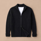 Full Zip Knit Sweater Ribbed Stand Collar Black – Product Photo
