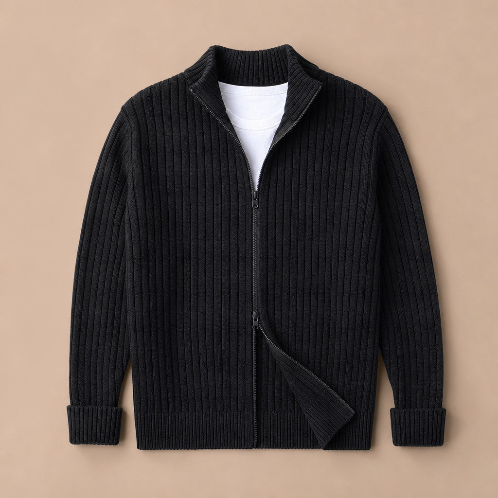 Full Zip Knit Sweater Ribbed Stand Collar Black – Product Photo