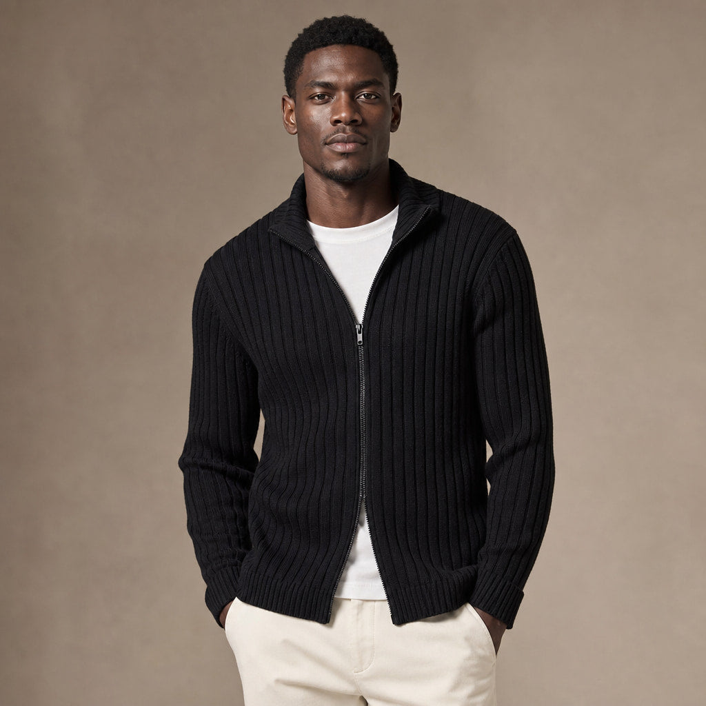 Full Zip Knit Sweater Ribbed Stand Collar in Black – Tarlano Premium Menswear