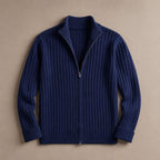 Full Zip Knit Sweater Ribbed Stand Collar Blue – Product Photo