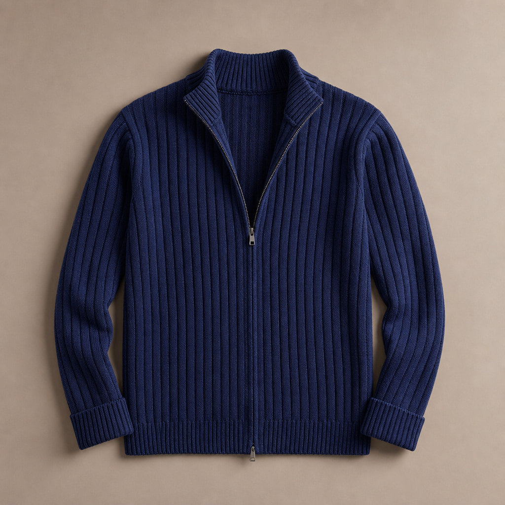 Full Zip Knit Sweater Ribbed Stand Collar Blue – Product Photo