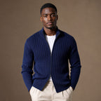 Full Zip Knit Sweater Ribbed Stand Collar in Blue – Tarlano Premium Menswear