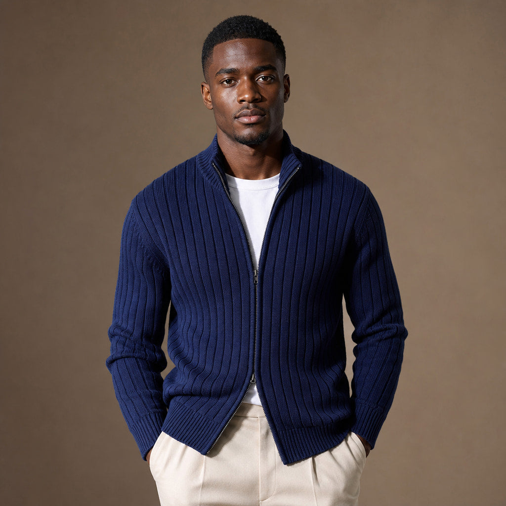 Full Zip Knit Sweater Ribbed Stand Collar in Blue – Tarlano Premium Menswear