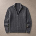 Full Zip Knit Sweater Ribbed Stand Collar Dark gray – Product Photo