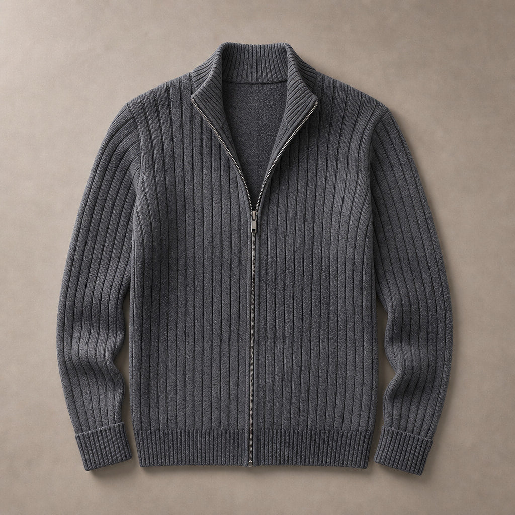 Full Zip Knit Sweater Ribbed Stand Collar Dark gray – Product Photo