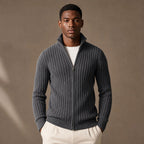 Full Zip Knit Sweater Ribbed Stand Collar in Dark gray – Tarlano Premium Menswear
