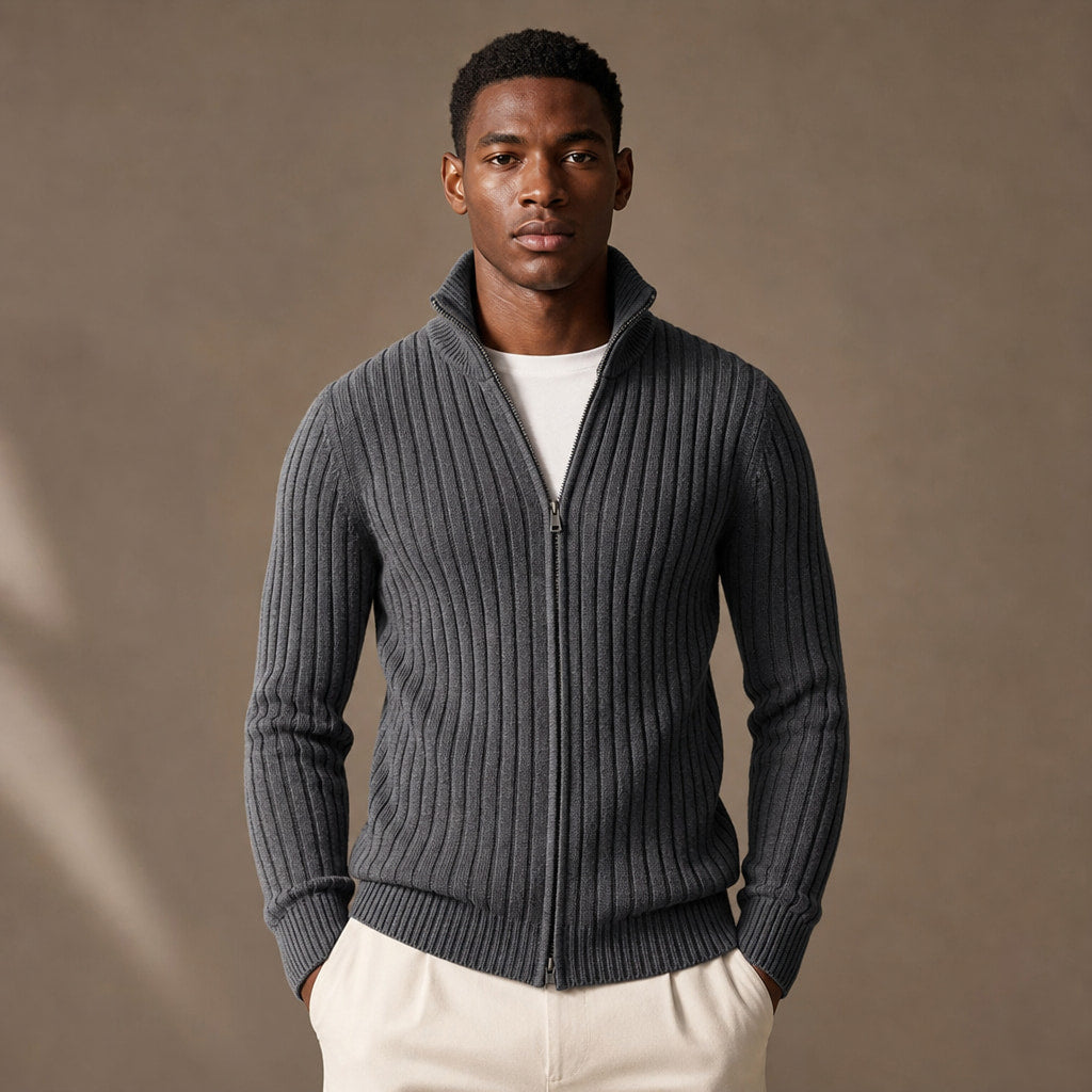 Full Zip Knit Sweater Ribbed Stand Collar in Dark gray – Tarlano Premium Menswear