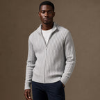 Full Zip Knit Sweater Ribbed Stand Collar Light gray – Side Angle View