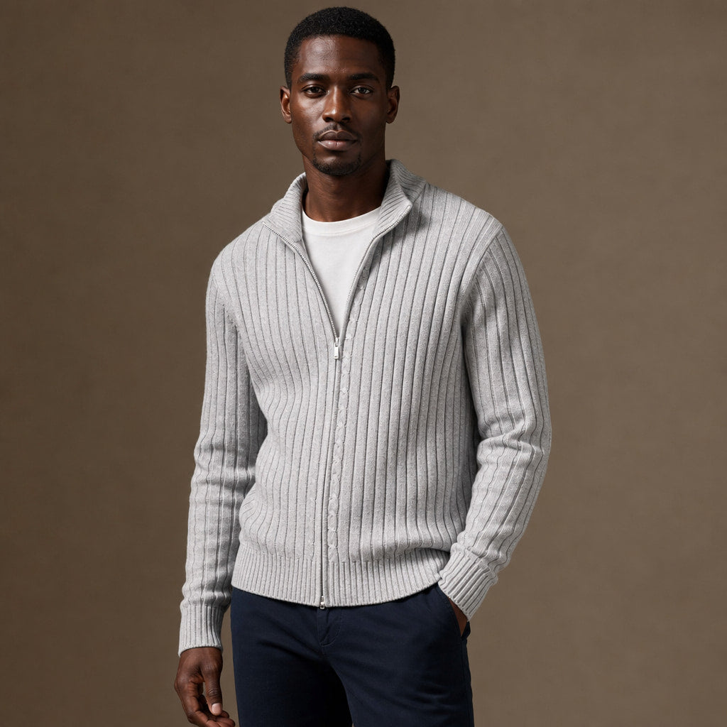 Full Zip Knit Sweater Ribbed Stand Collar Light gray – Side Angle View