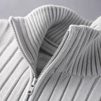 Full Zip Knit Sweater Ribbed Stand Collar Light gray – Fabric and Detail Close-Up